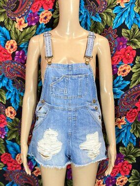 WOMEN'S CHIQLE DENIM DISTRESSED OVERALLS WOMEN'S JUNIOR'S MEDIUM DENIM ARCHITECT